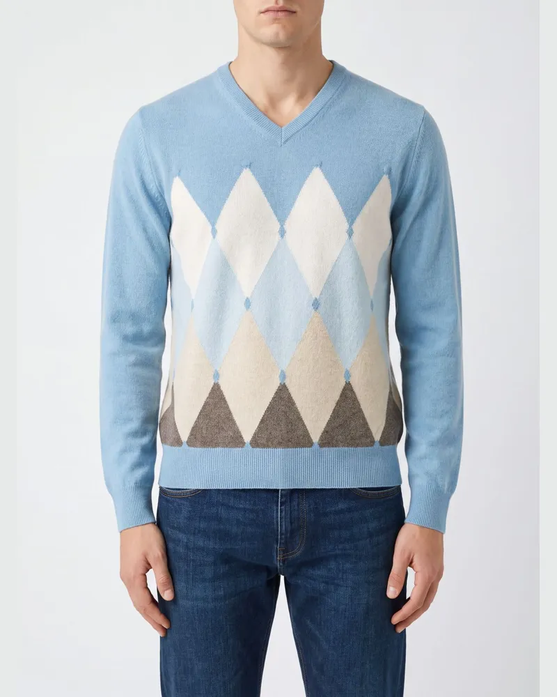 Ballantyne Argyle-Muster 100% Kaschmir-Pullover mit Rundhalsausschnitt Blau