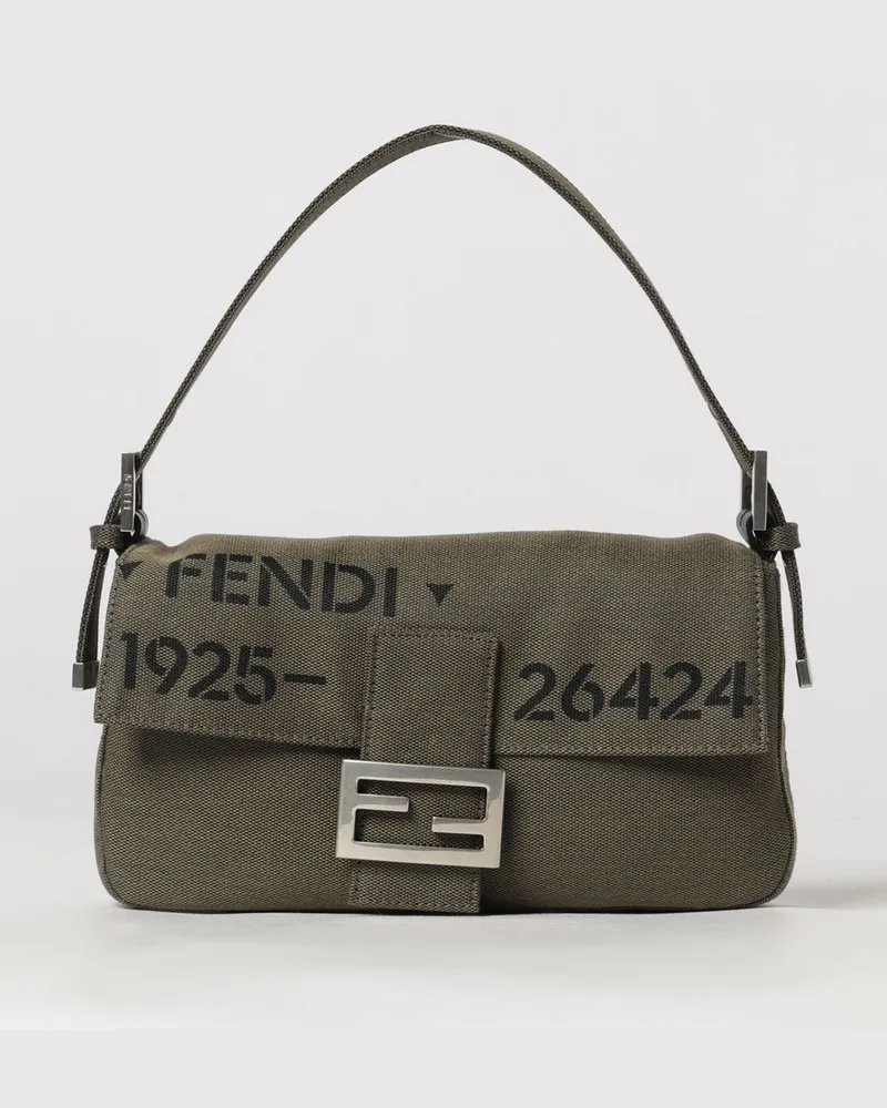 Fendi Baguette Schultertasche aus Baumwollmischung mit FF-Monogramm und Klappverschluss Military