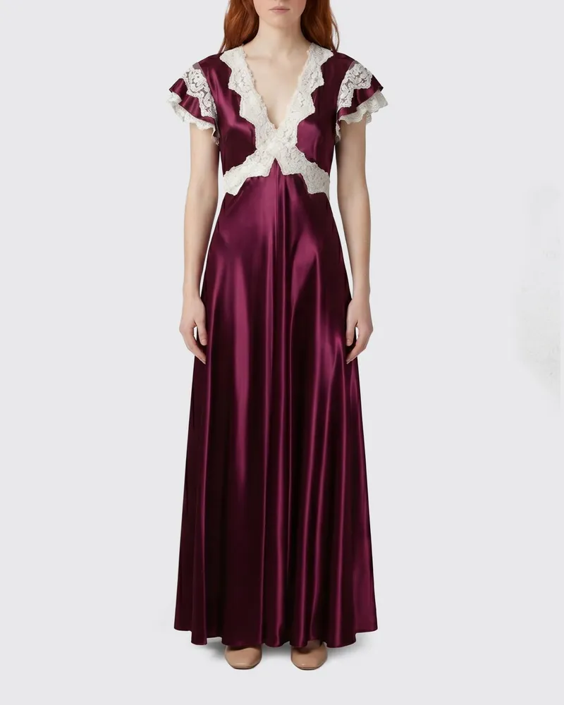 Alberta Ferretti Langes Satin-Kleid mit Spitzeneinsätzen Violett