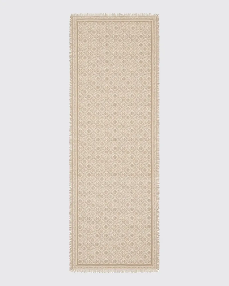 Tory Burch Monogramm-Schal aus Woll-Seiden-Mischung mit Fransenrändern Ivory