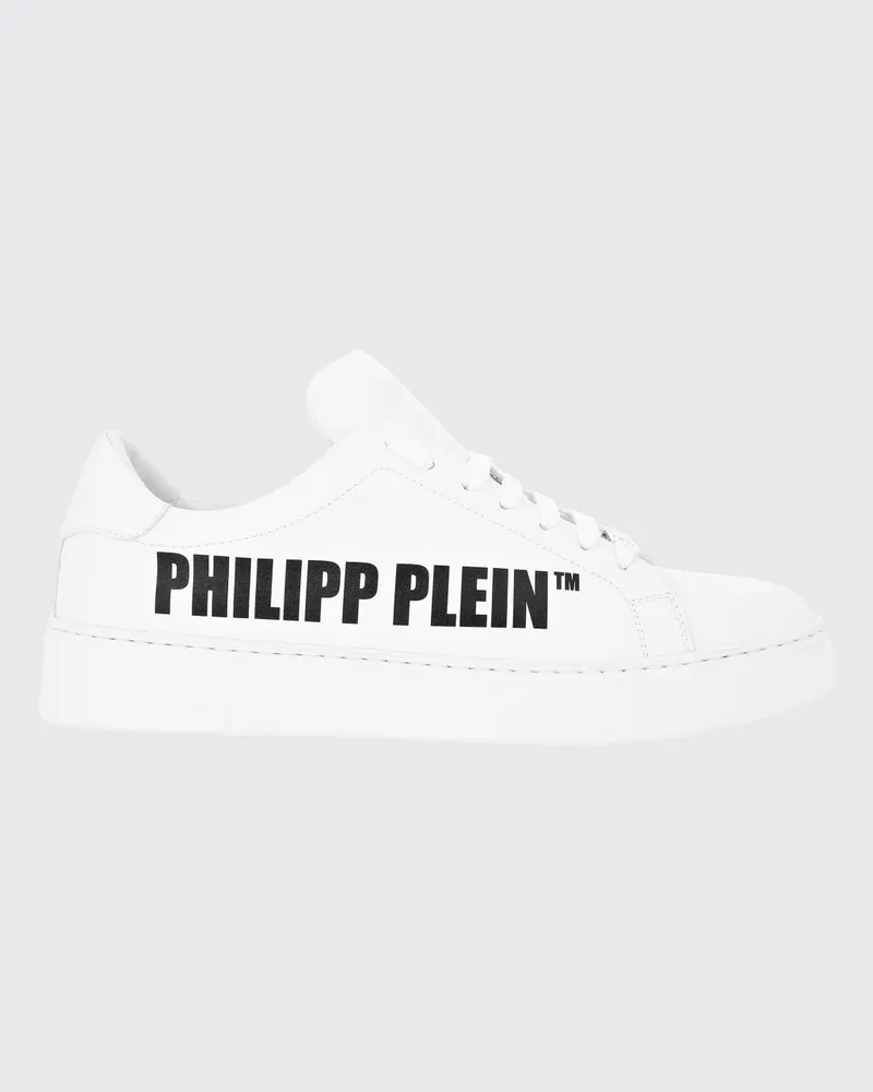 Philipp Plein Niedrige Schnür-Sneakers aus Glattleder mit gedrucktem Logo Weiß