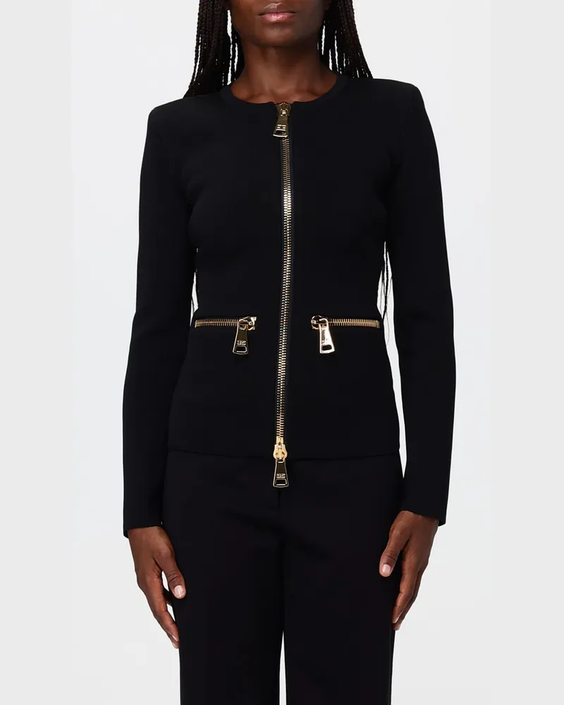 Elisabetta Franchi Slim-Fit-Strickjacke aus Stretch-Viskose mit Metallreißverschluss Schwarz