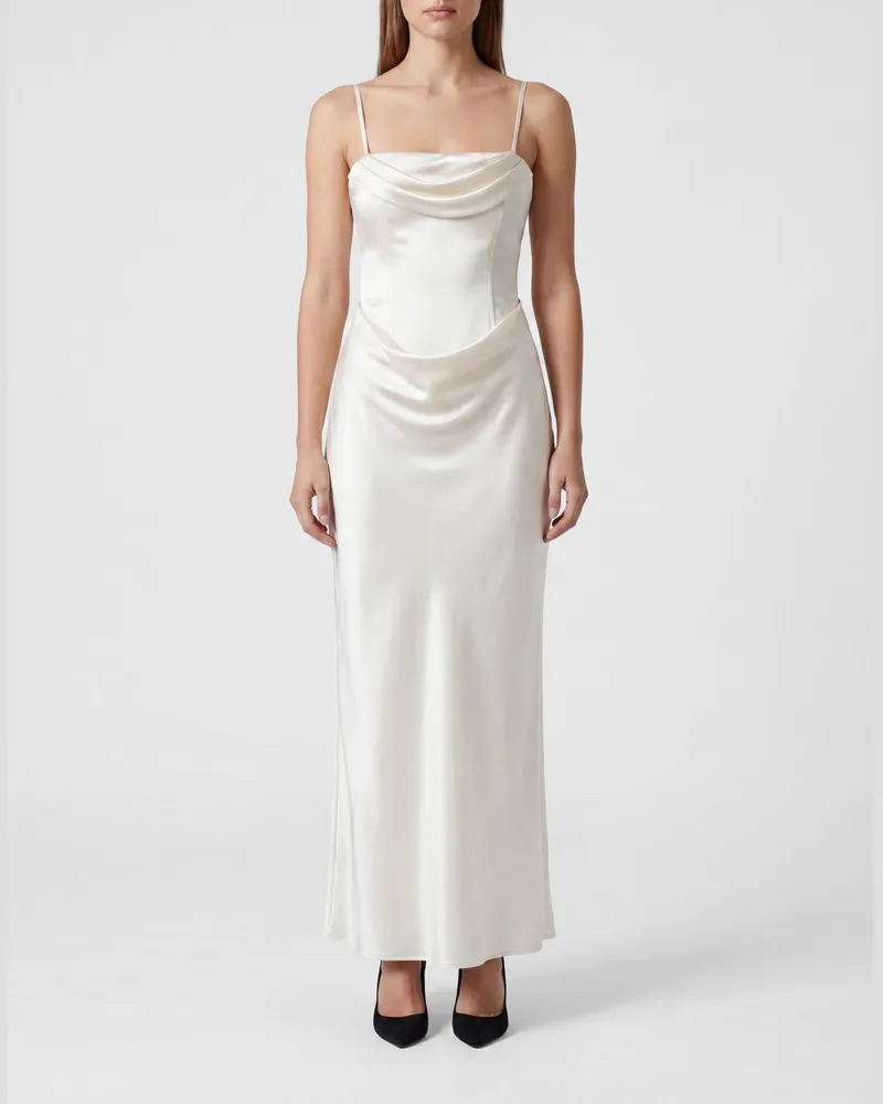 ROTATE Birger Christensen Langes Bustier-Kleid aus Satin mit drapiertem Bund und eckigem Ausschnitt Weiß
