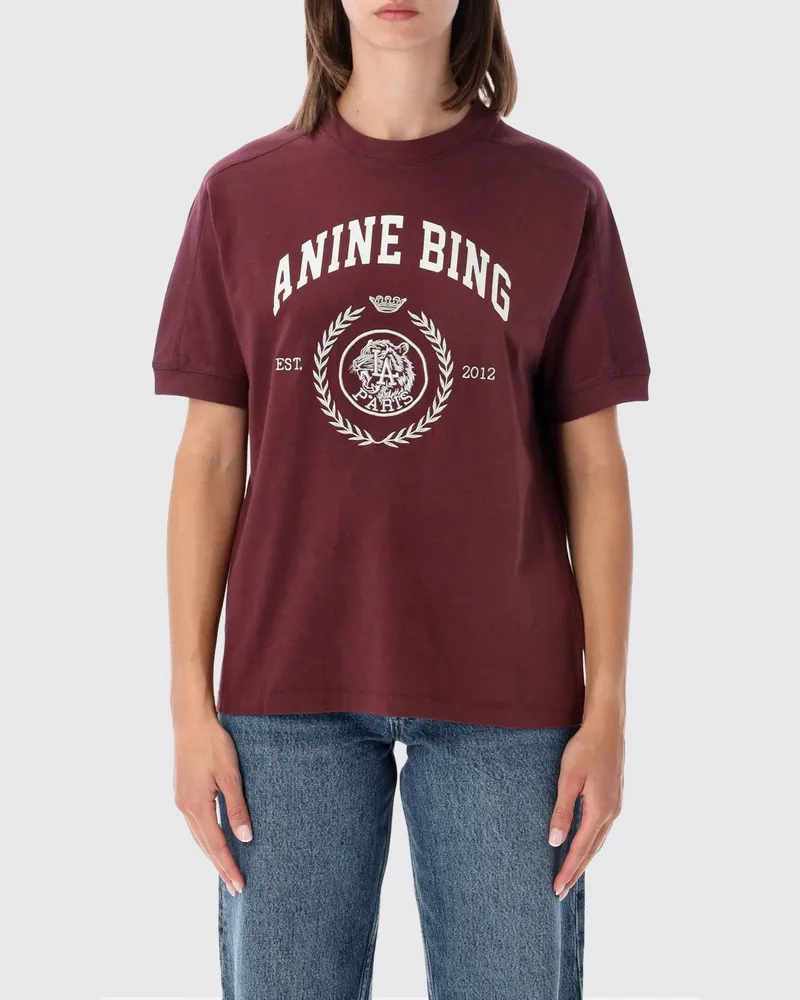Anine Bing Bedrucktes Baumwoll-T-Shirt mit Rundhalsausschnitt Burgunderrot