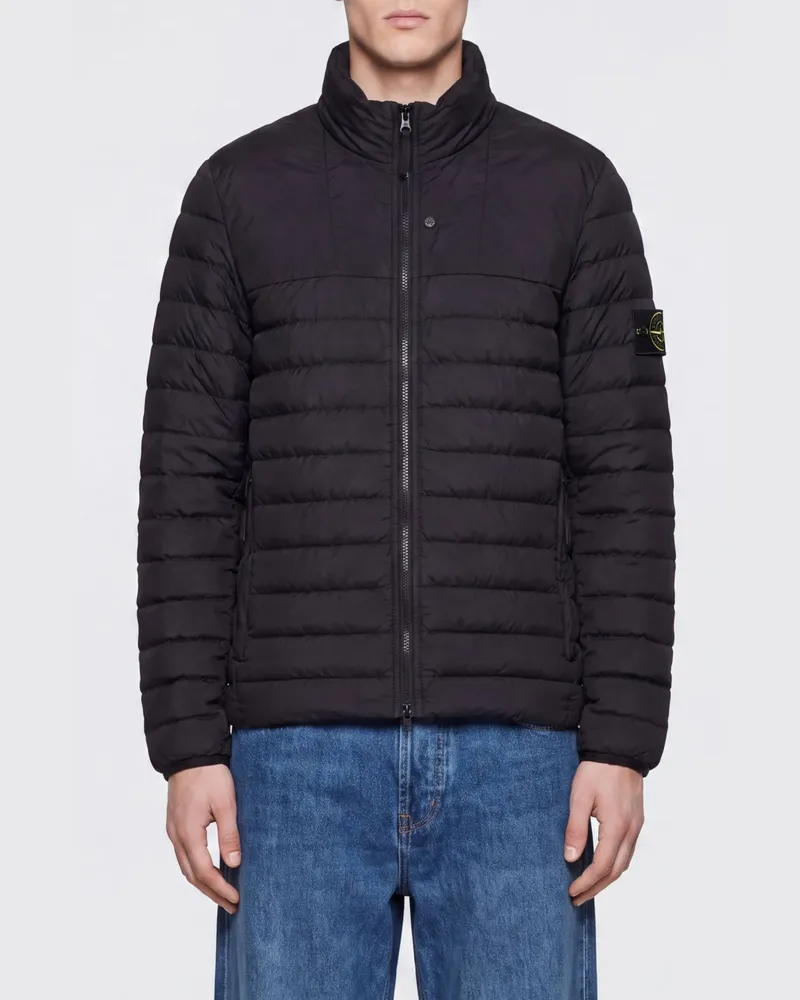 Stone Island Kurze wasserabweisende Daunenjacke aus recyceltem Nylon mit Stehkragen Schwarz