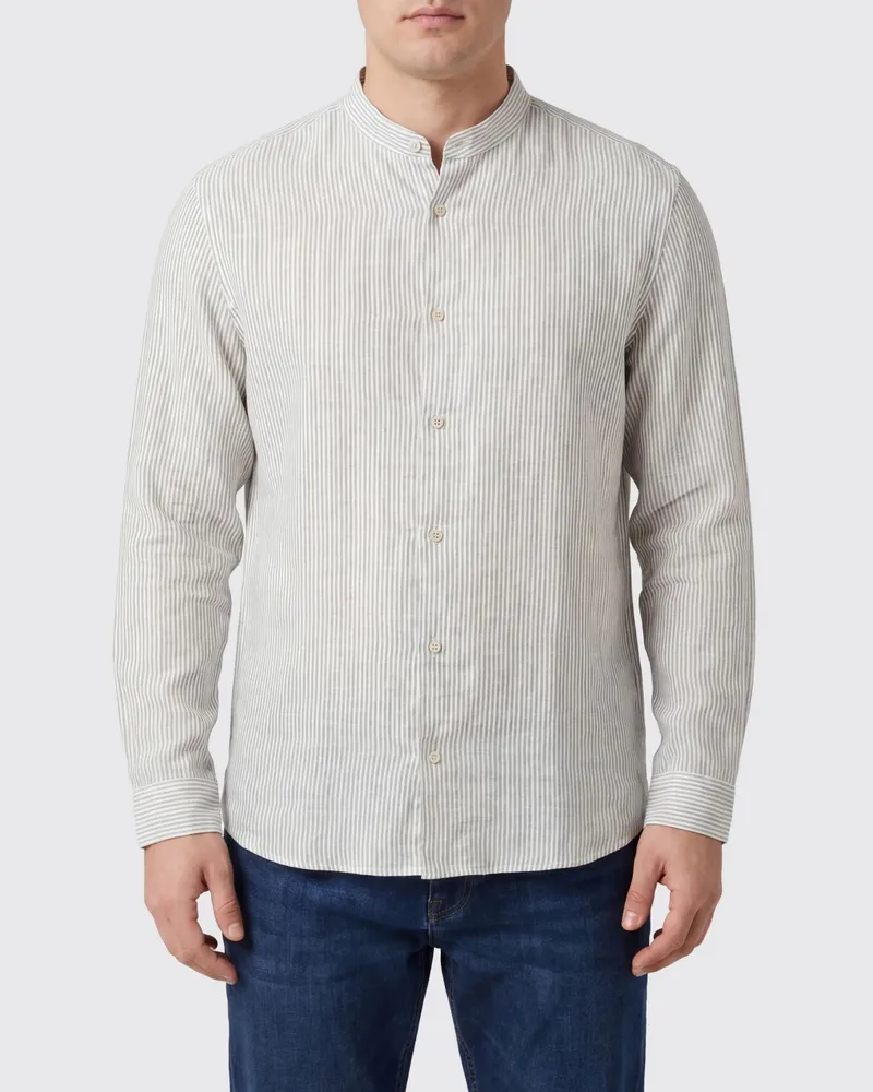 Boglioli Gestreiftes Leinenhemd in Slim Fit von mit Stehkragen Weiß