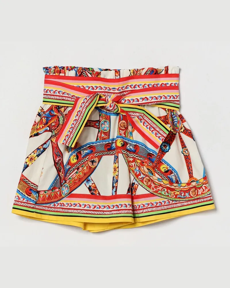 Dolce & Gabbana DOLCE  GABBANA Shorts Dolce & Gabbana für Mädchen aus Popeline mit Carretto-Print und Gürtel Weiß