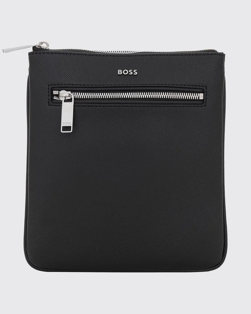 HUGO BOSS Rechteckige Umhängetasche aus Leder mit Kontrastlogo und Reißverschluss Schwarz