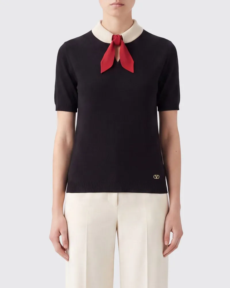 Valentino Garavani Slim-Fit-Pullover aus Wollmischung mit kurzen Ärmeln und Schluppenkragen Schwarz