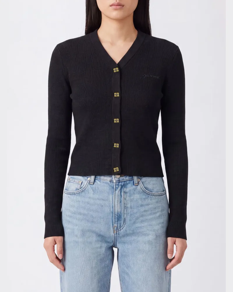 Ganni Slim Fit V-Ausschnitt Cardigan aus Merinowolle mit Butterfly-Logo Schwarz