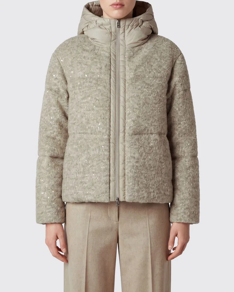 Herno Kurze Daunenjacke aus Woll-Alpaka-Bouclé mit Kapuze und Pailletten Gelb