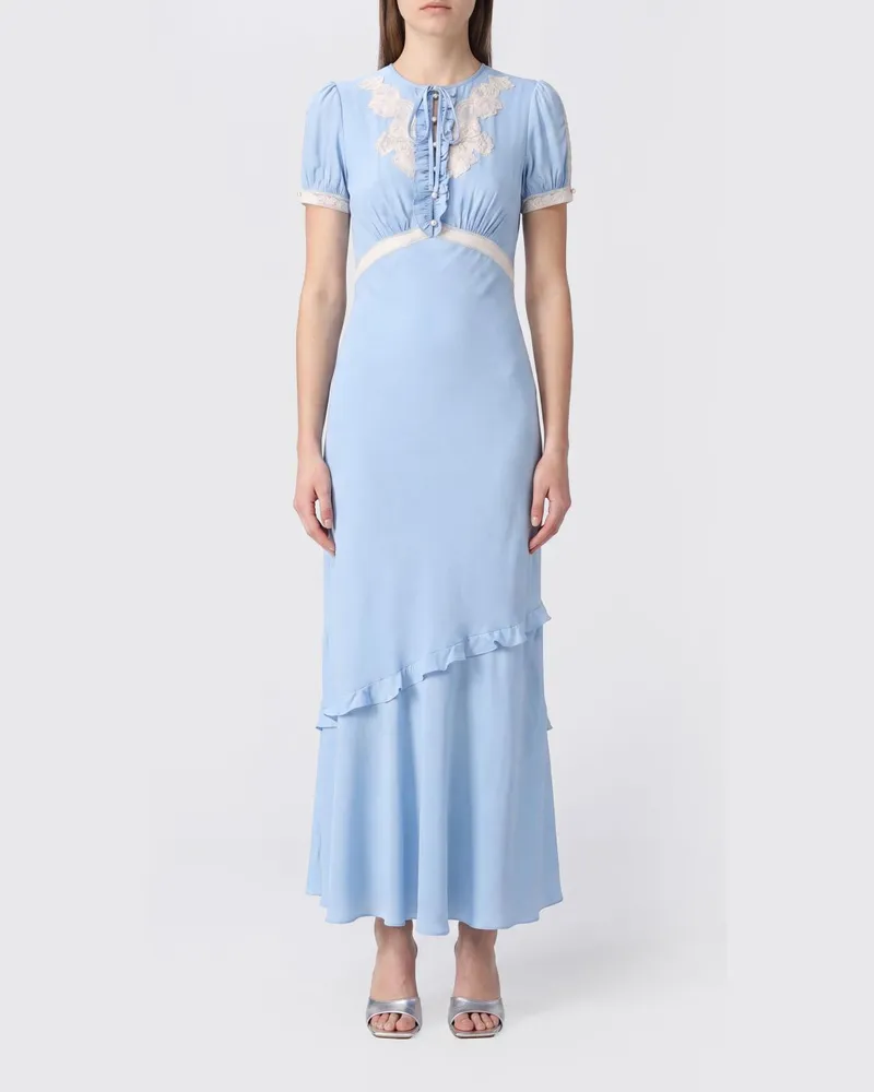 Self-Portrait Midikleid aus Viskose mit Spitzeneinsätzen Blau