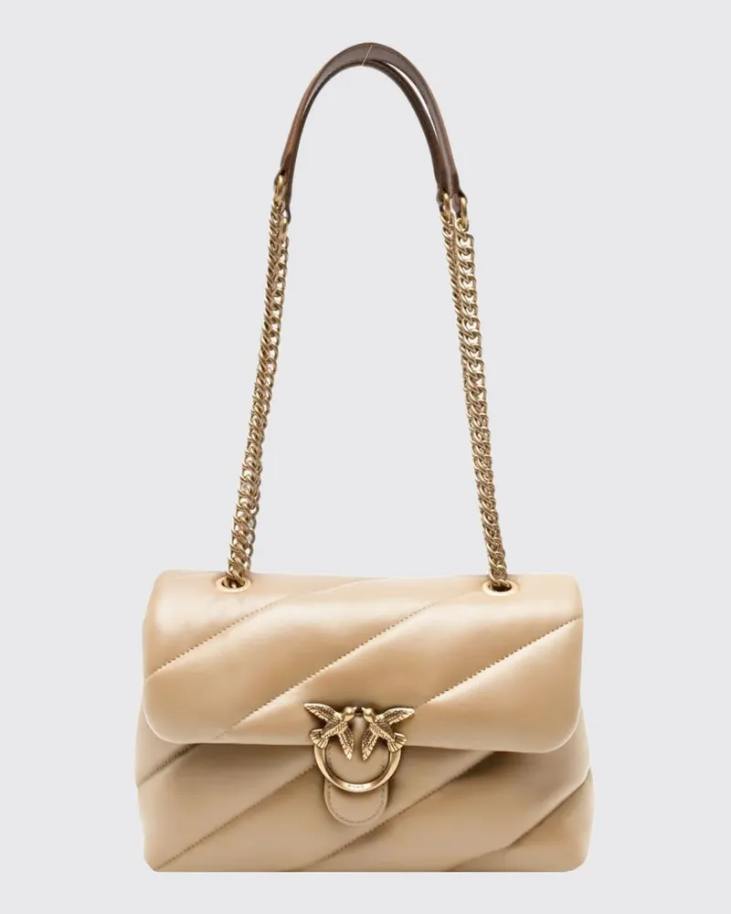 Pinko Classic Love Bag Puff Matelassé-Nappa-Schultertasche mit Logo-Schnalle Beige