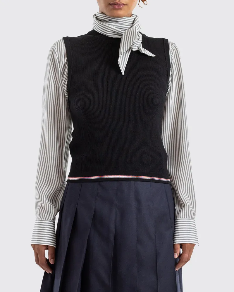 Thom Browne Slim Fit Wollstrick-Top mit ikonischem kontrastierendem 4-Bar-Streifen Schwarz
