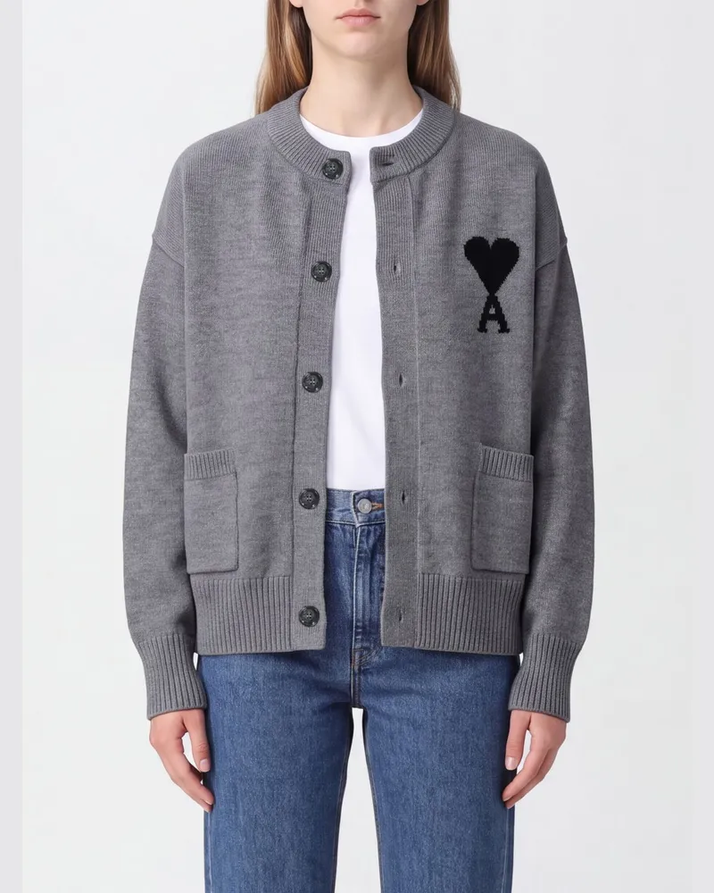 AMI Paris Cardigan aus roter Wolle mit Rundhalsausschnitt und gesticktem Kontrast-Logo Grau