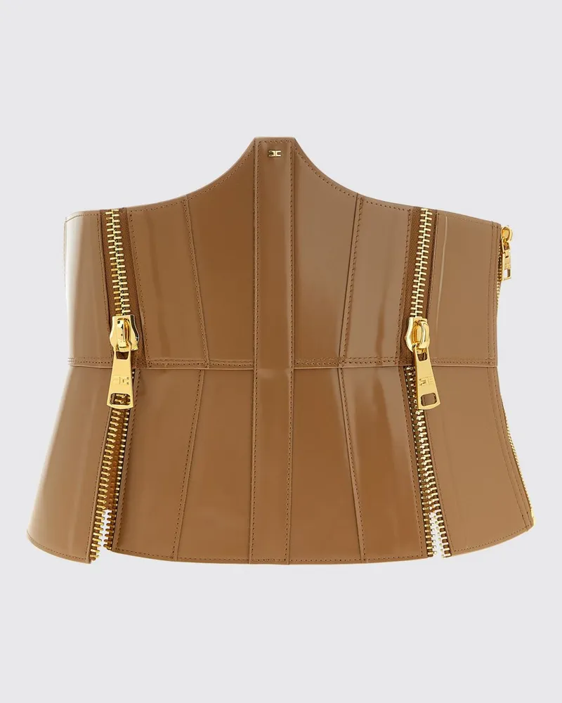 Elisabetta Franchi Bustier-Gürtel aus Leder mit Monogramm-Logo und Bindeband Braun