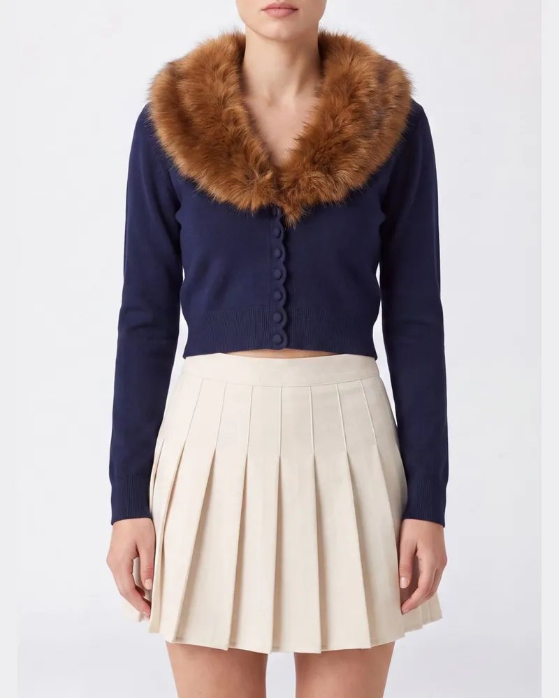 Self-Portrait Cropped-Cardigan von aus Wollmischung mit Kunstpelzkragen Blau