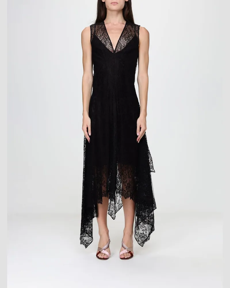Fendi Schulterfreies Seiden-Midikleid mit asymmetrischem Saum und Spitzeneinsätzen Schwarz