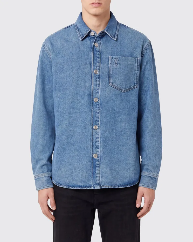 AMI Paris Baumwoll-Denim-Hemd mit französischem Kragen und verdeckter Knopfleiste Hellblau
