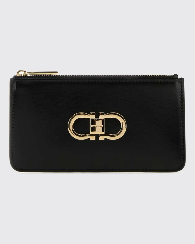 Ferragamo Portemonnaie aus Rindsleder mit goldenem Gancini-Logo aus Metall Schwarz