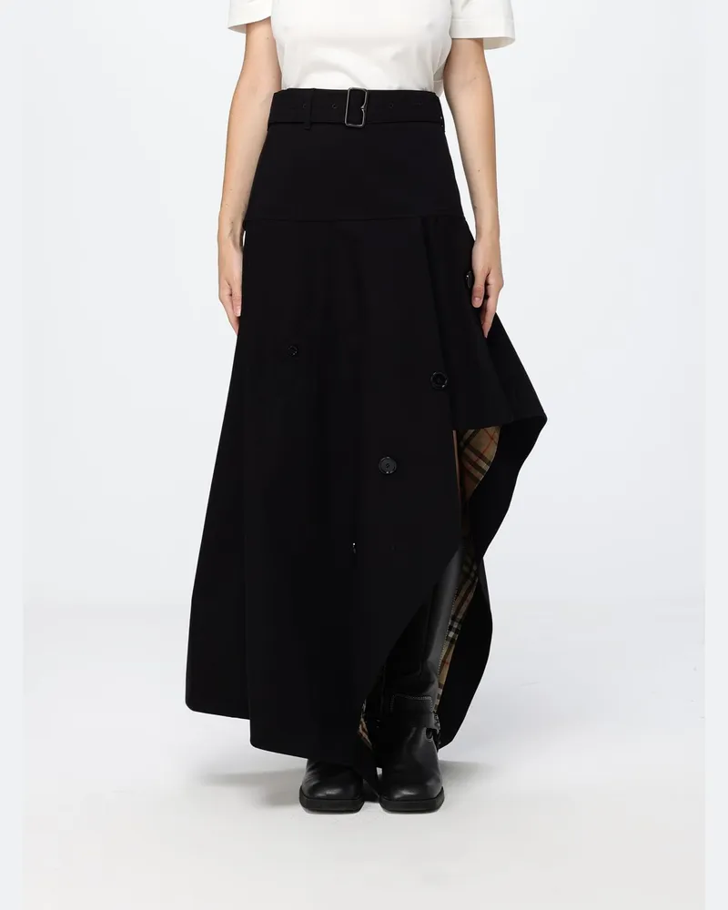Burberry Asymmetrischer, langer Baumwollrock von mit hoher Taille und Gürtel Schwarz