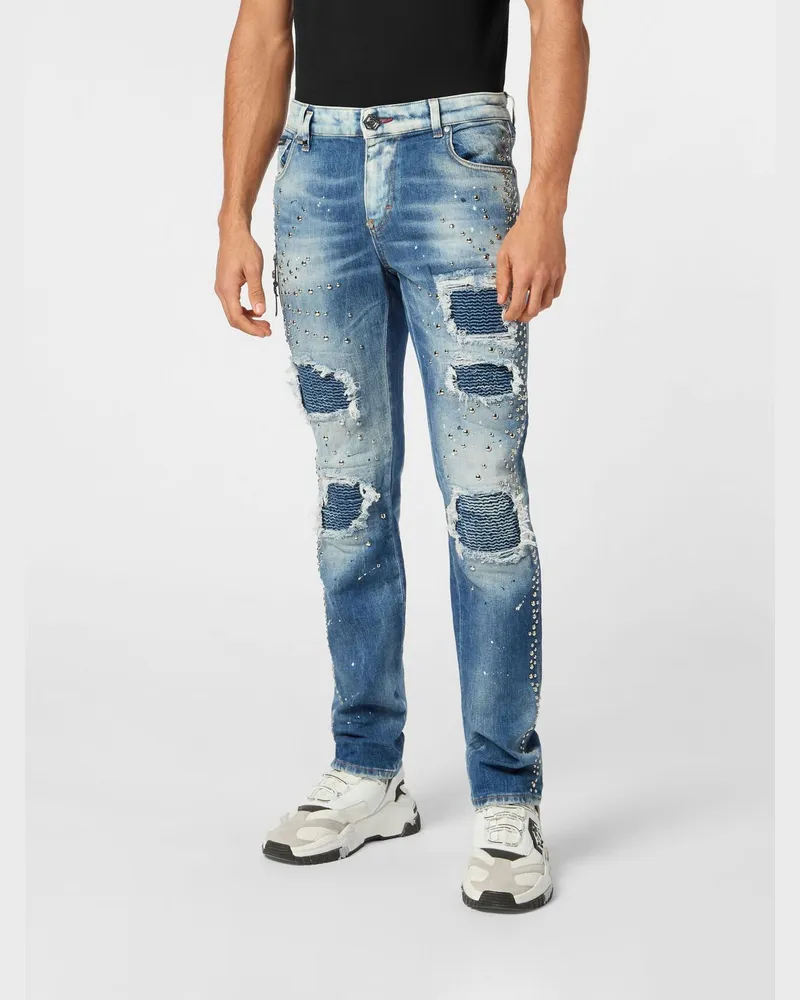 Philipp Plein Slim-Fit Jeans aus Stretch-Denim in Distressed-Optik mit Hexagon-Logo Blau