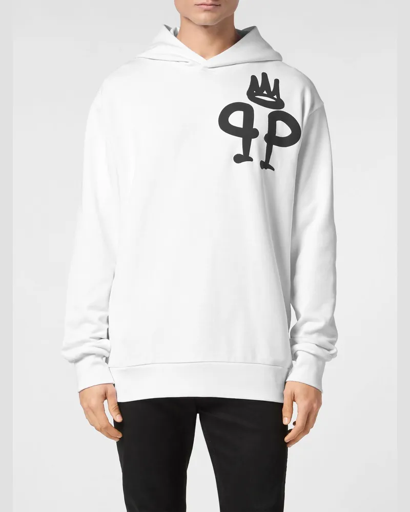 Philipp Plein Kapuzenpullover aus Baumwolle mit Kontrastlogo, Kängurutasche und überschnittenen Schultern Weiß