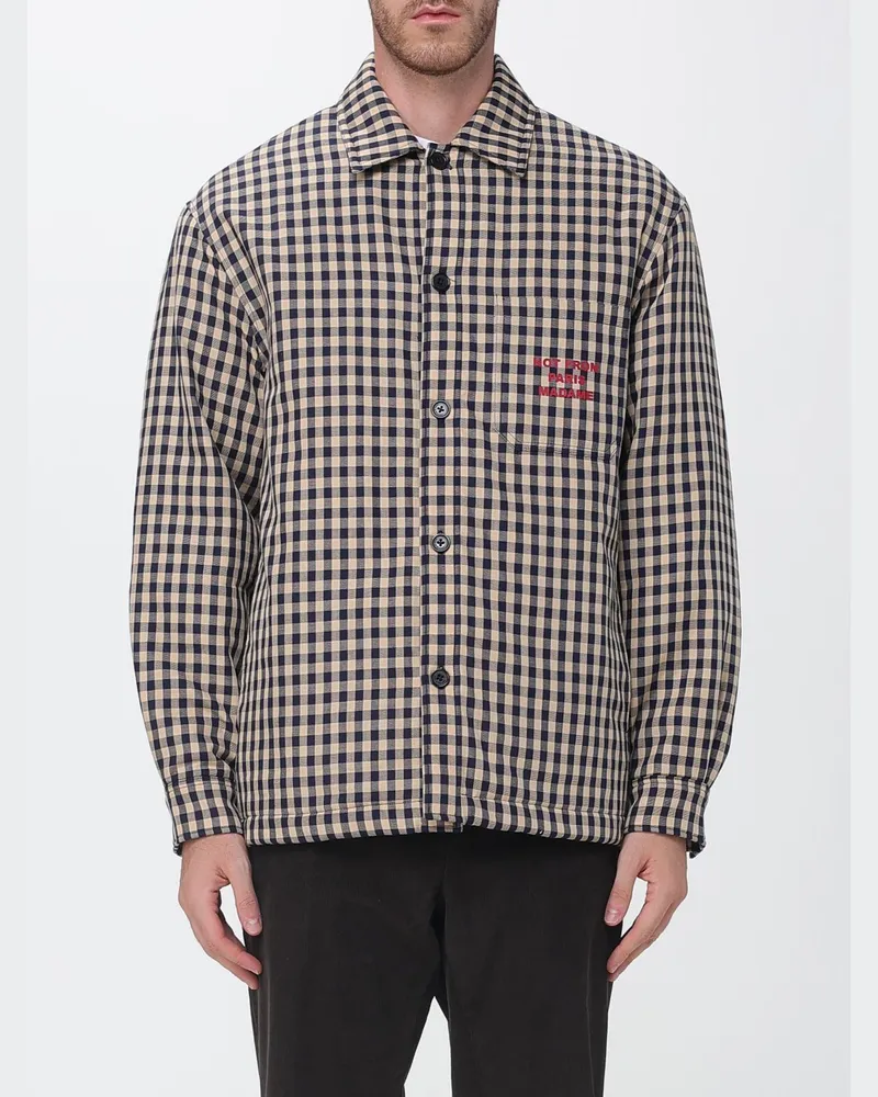 Drôle de Monsieur Hemdjacke aus Baumwolle mit Karomuster und Slogan-Print Beige