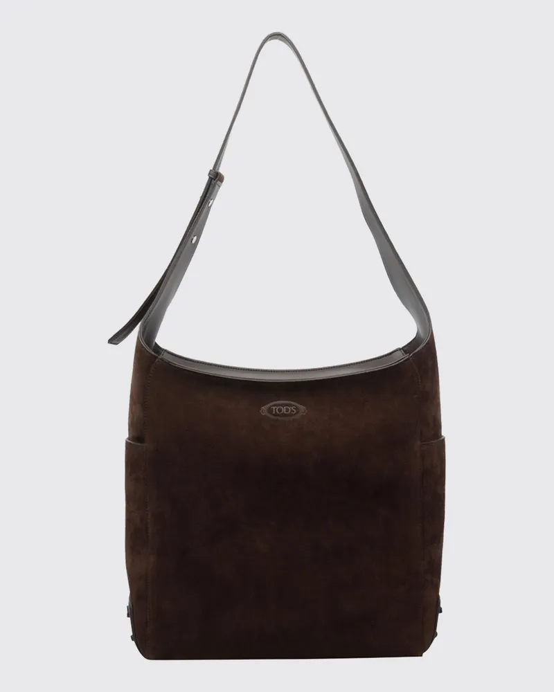 TOD'S Schultertasche aus Velourskalbsleder mit geprägtem Logo und verstellbarem Henkel Braun