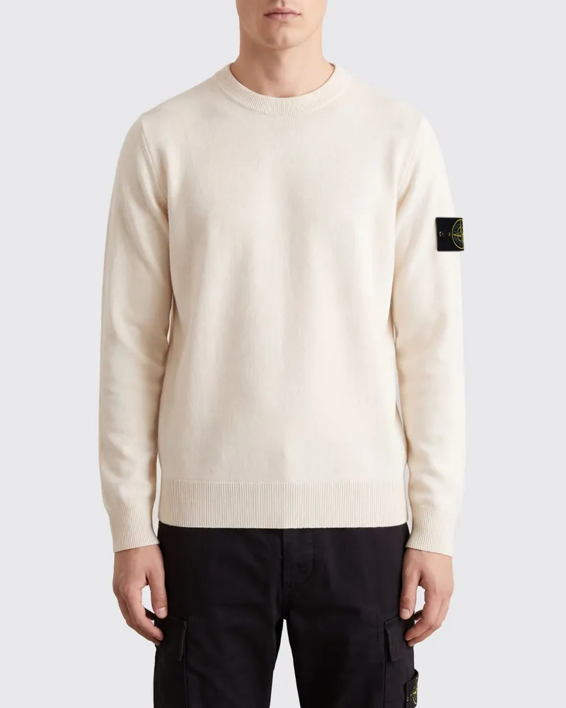 Stone Island Pullover aus Schurwolle mit Rundhalsausschnitt und Compass-Logo-Patch Weiß