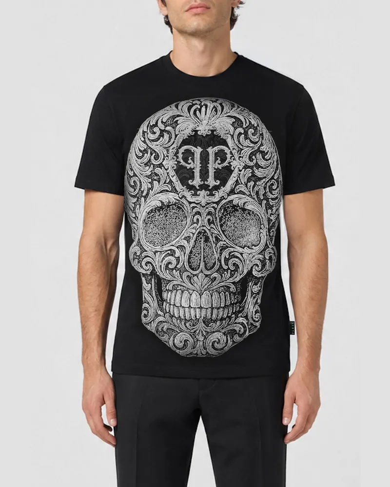 Philipp Plein Schwarzes Baumwoll-T-Shirt von mit Totenkopf-Print und Strass Schwarz