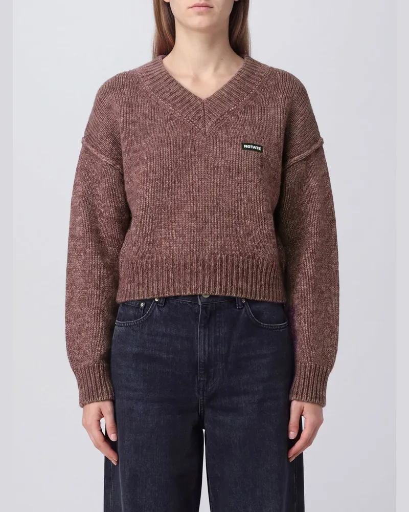 ROTATE Birger Christensen V-Ausschnitt Pullover aus Merinowolle mit appliziertem Logo Braun