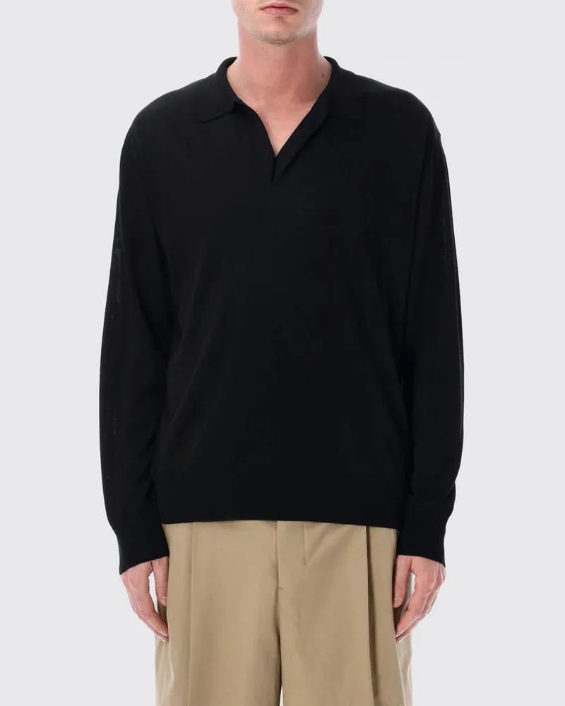 Roberto Collina Langärmeliges Poloshirt aus Baumwollmisch-Strick Schwarz
