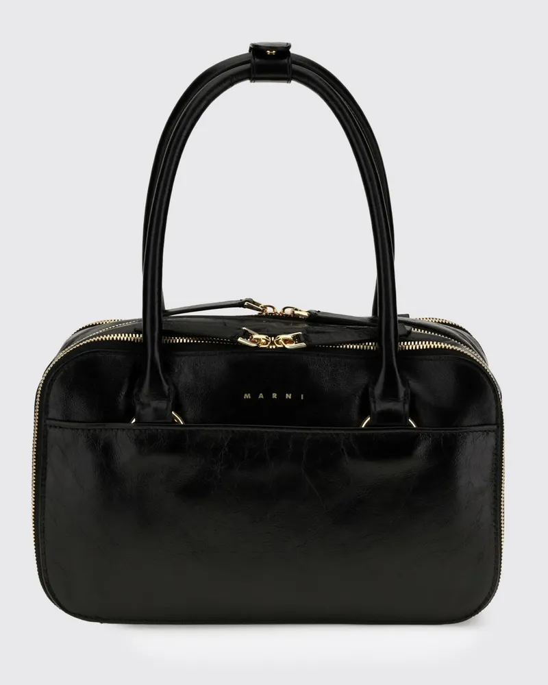 Marni Kleine Boston-Tasche aus Leder mit Knittereffekt und doppeltem Henkel Schwarz