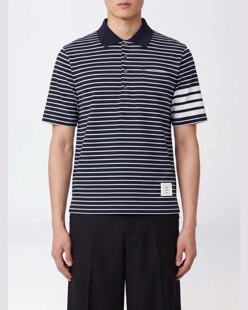 Thom Browne Kurzarm-Polohemd aus Baumwolle mit 4-Bar-Streifenmuster Blau