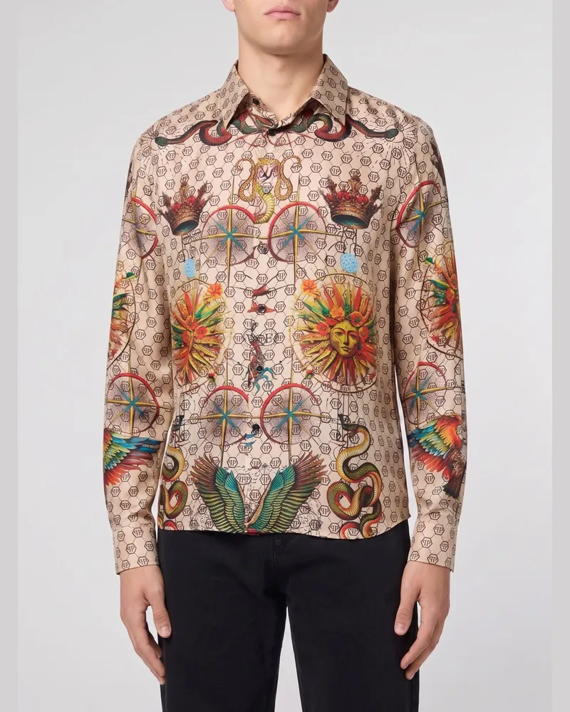 Philipp Plein Seidenhemd mit Monogramm und Grafikprints Beige