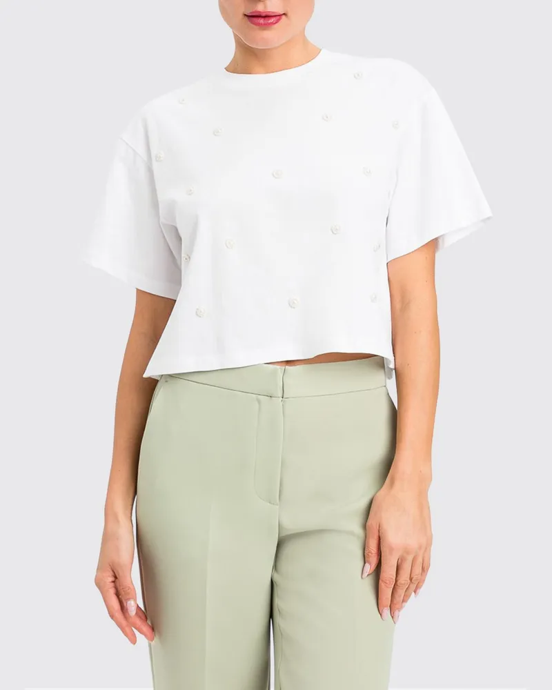 Twin-Set Cropped-T-Shirt aus Baumwolle mit Perlen- und Stickereidetails Weiß