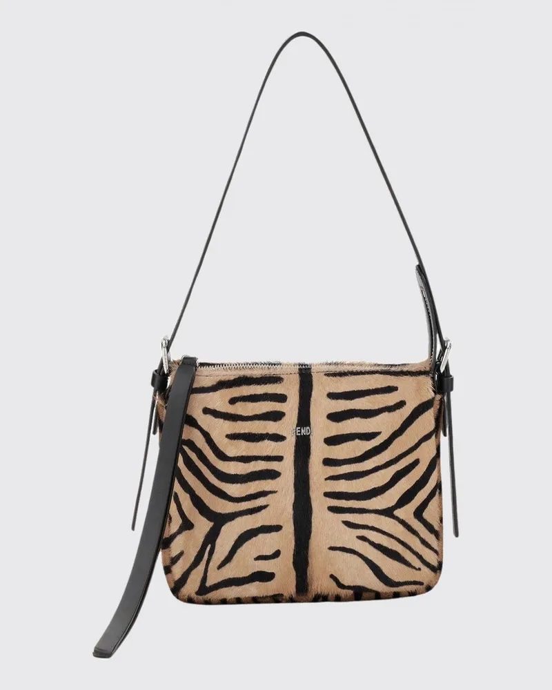 Fendi Mini-Schultertasche aus Kalbshaar mit Animal-Print und Metall-Logo Schwarz