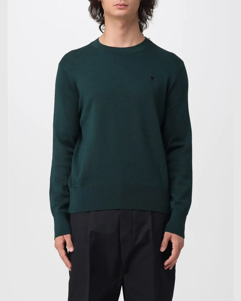 AMI Paris Wollpullover mit Rundhalsausschnitt und Ami de Coeur-Logostickerei Flaschengrün