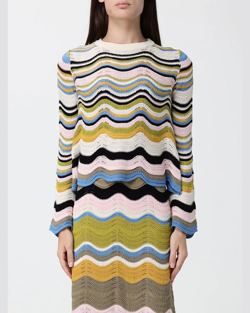 La DoubleJ Häkel-Baumwollpullover mit Rundhalsausschnitt und Wellen-Print Grün