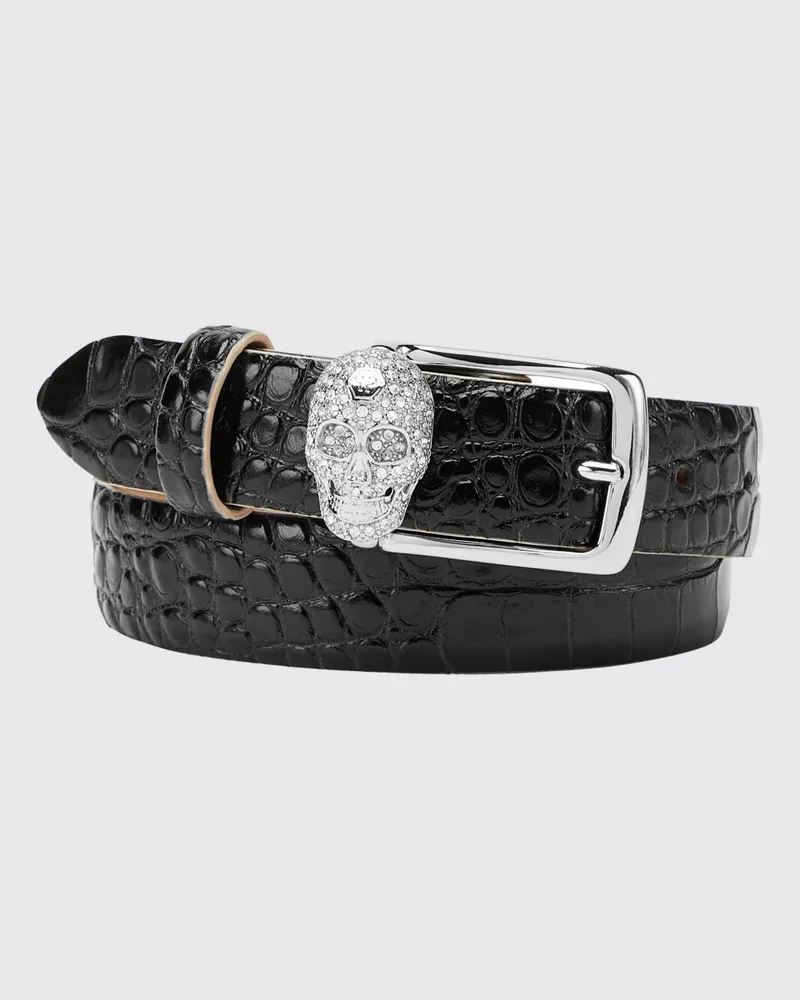 Philipp Plein Krokoprint-Ledergürtel mit Totenkopf und Strasssteinen Schwarz