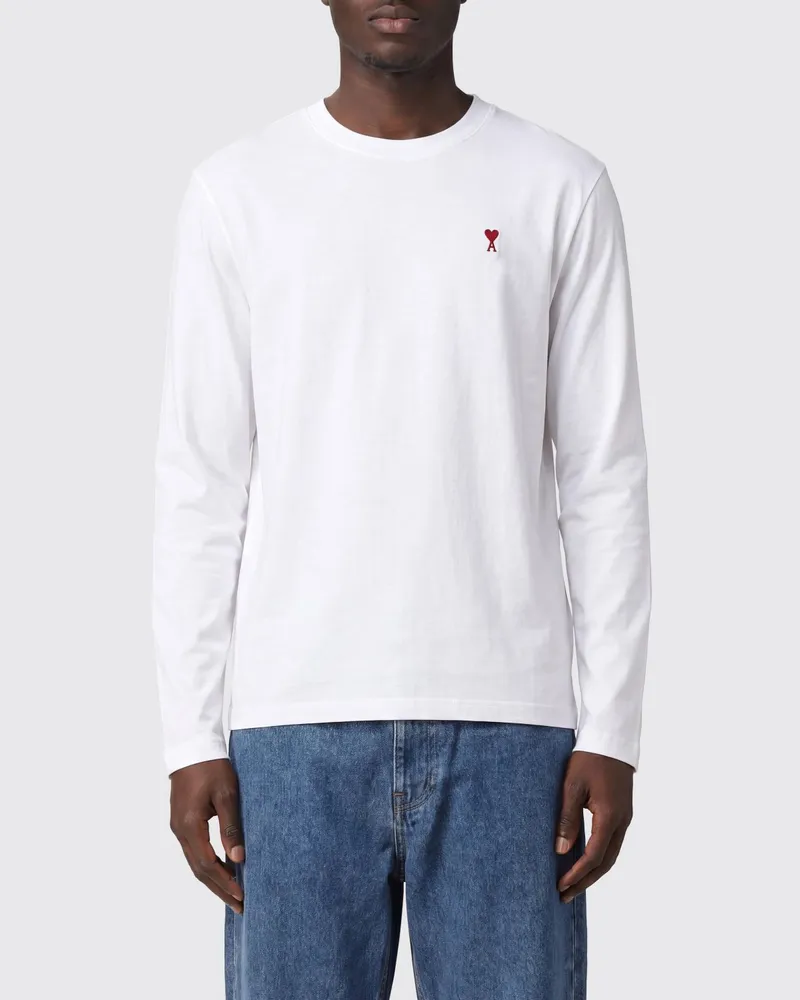 AMI Paris Langärmeliges Baumwolljersey-T-Shirt mit Logostickerei Weiß