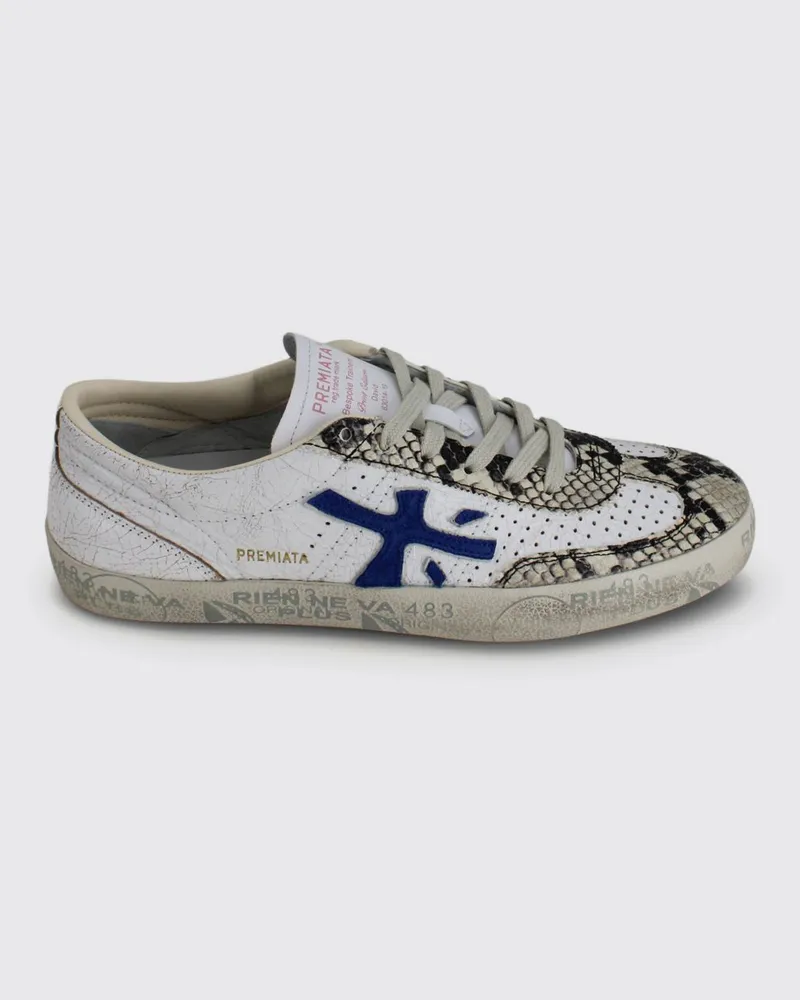 Premiata Leder-Sneaker David mit Einsätzen in Python-Optik und Crackle-Effekt Weiß