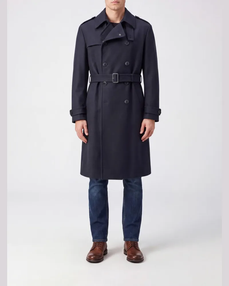 Tagliatore Zweireihiger Trenchcoat von aus reiner Schurwolle mit verstellbarem Gürtel Blau