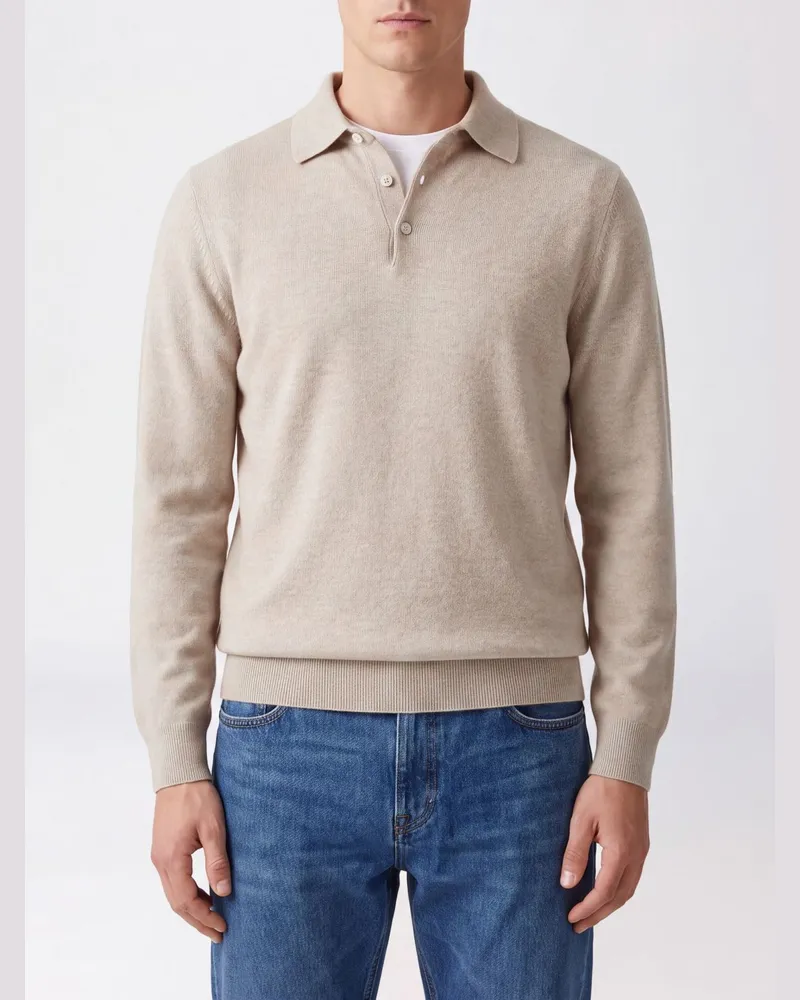 Brunello Cucinelli Langärmeliges Strick-Poloshirt aus Kaschmir Beige