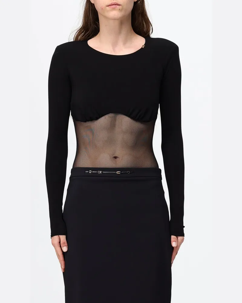 Elisabetta Franchi Langarm-Top aus transparentem Mesh mit gepolsterten Schultern Schwarz