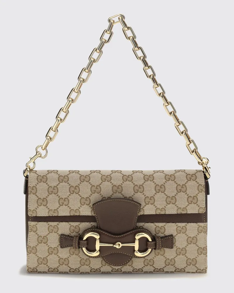 Gucci Schultertasche aus Jacquard mit GG-Monogramm und Horsebit-Detail Beige