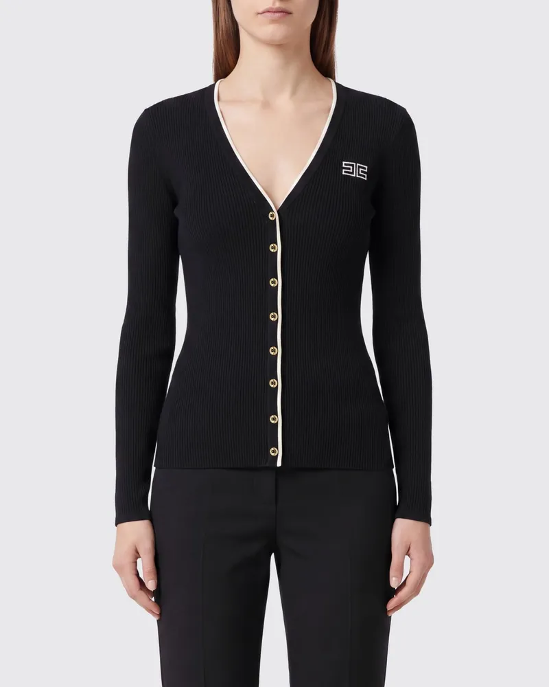 Elisabetta Franchi Slim-Fit-Cardigan aus Wolle mit Kontrastbesatz und Logo Schwarz