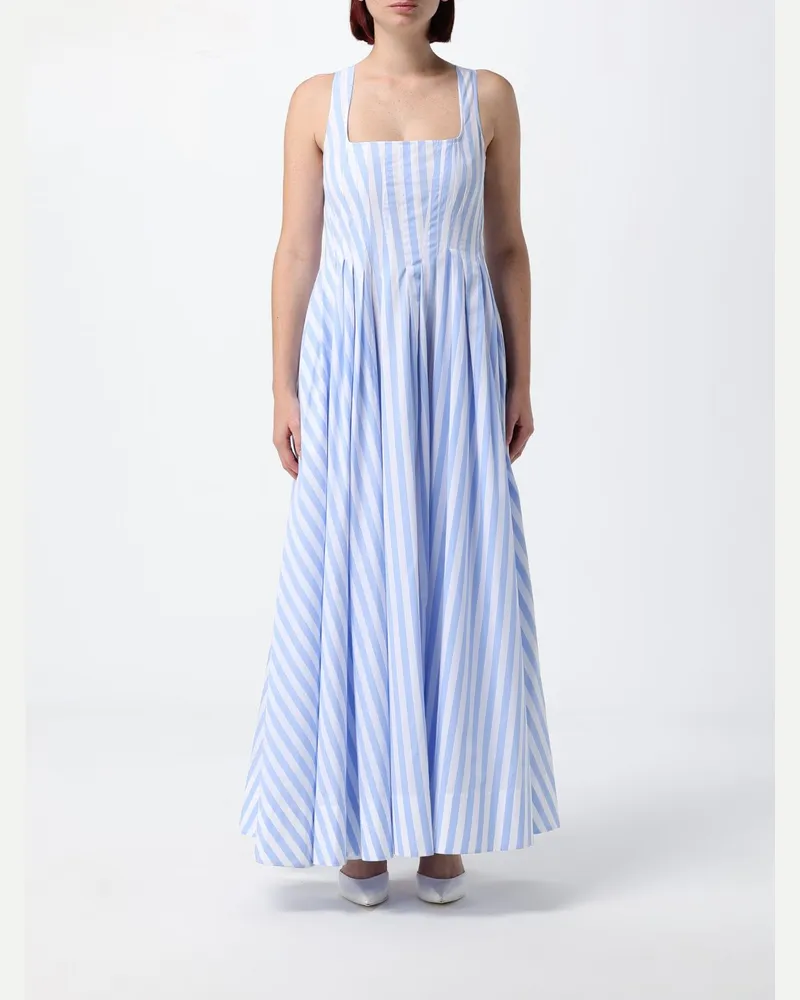 SPORTMAX Gestreiftes, langes Bustierkleid aus Baumwolle mit eckigem Ausschnitt Hellblau