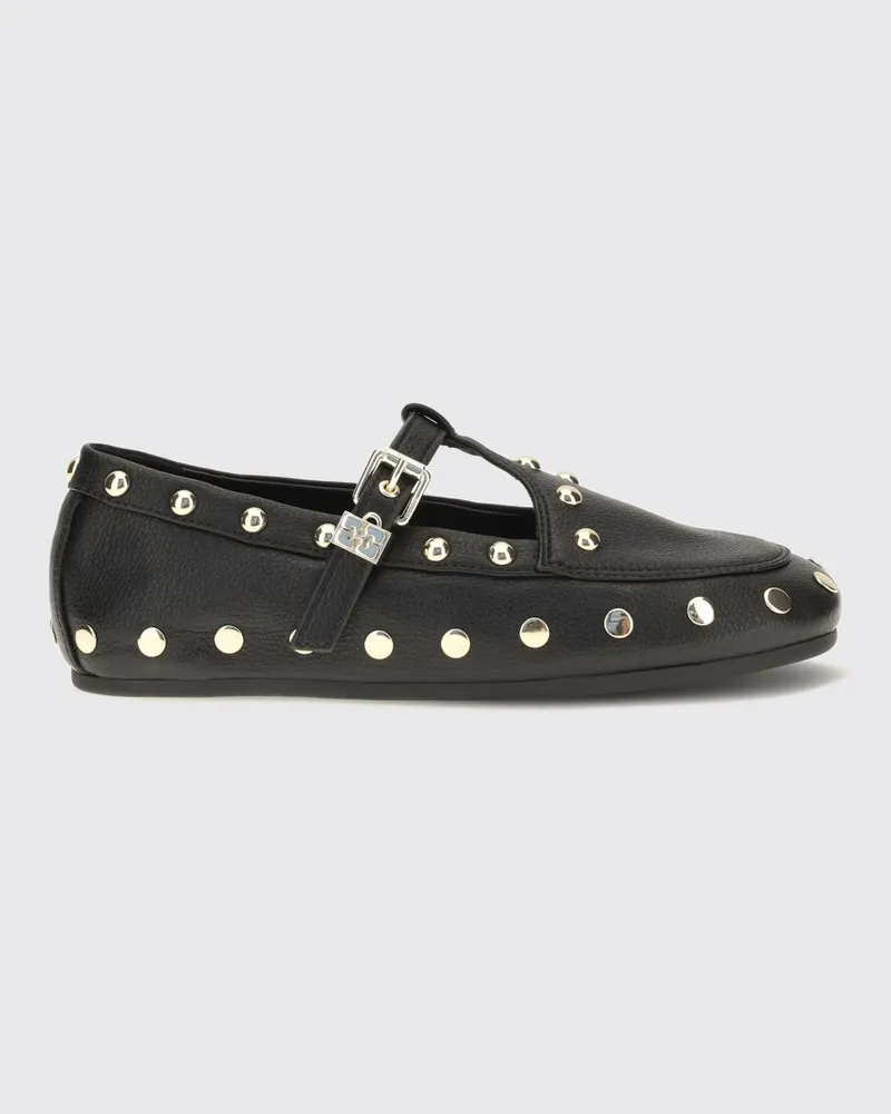 Ganni Mary-Jane-Ballerinas aus recycelten Materialien mit Nieten und Butterfly-Logo Schwarz